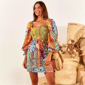 Farm Rio Summer Tapestry Square Neck Mini Dress Size M
